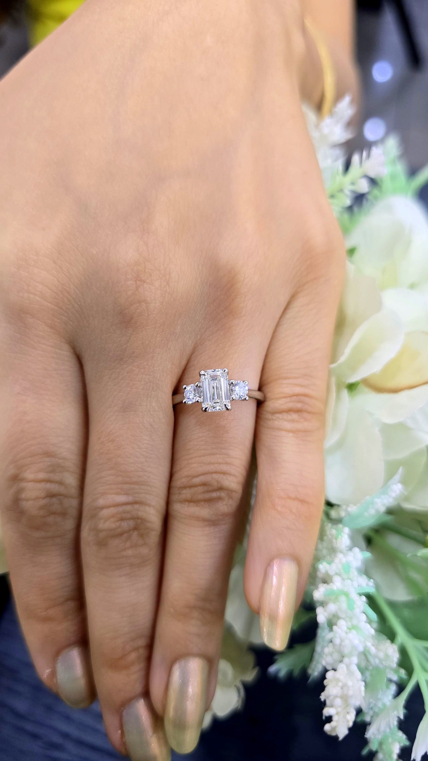 1.50 Carat D/VS Lab Grown Emerald & Round Diamond Trilogy Ring In 950 Platinum