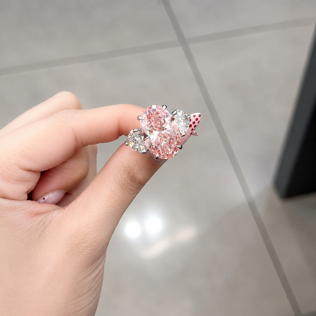 11.00ct Fancy Pink Oval & Heart Lab Diamond Trilogy Ring in 18k Gold