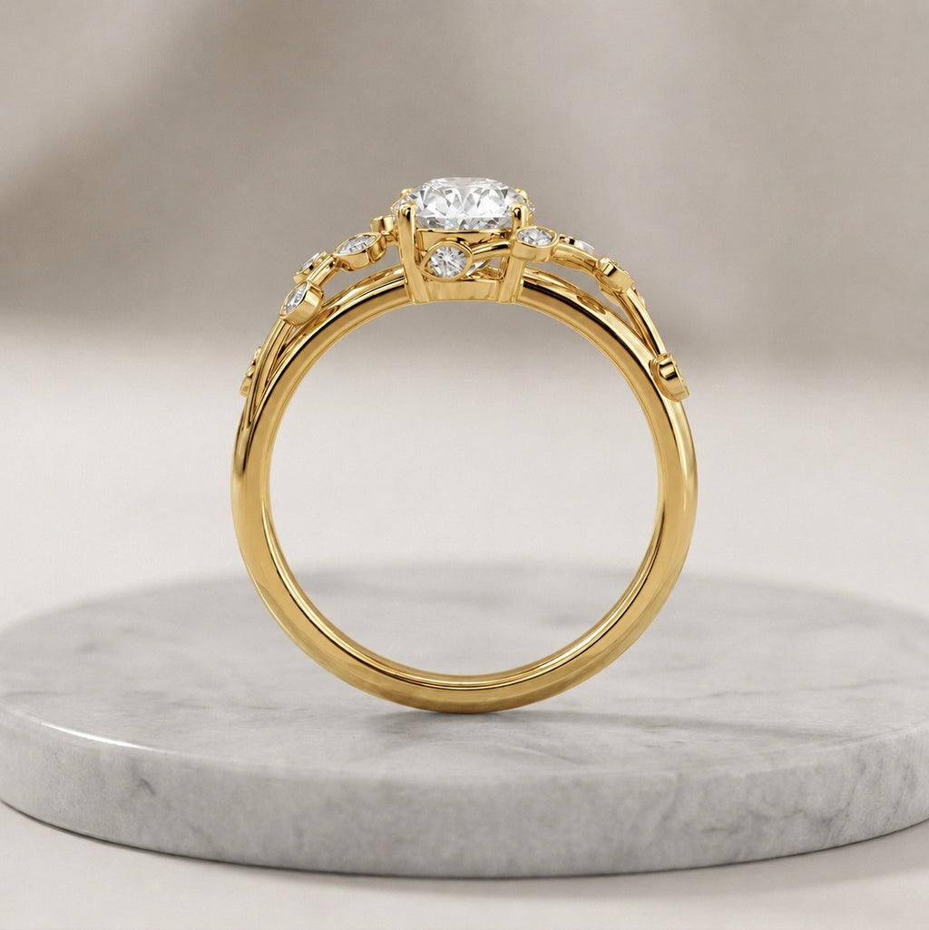 Oval Diamond Leaf Vine Engagement Ring - E/VS