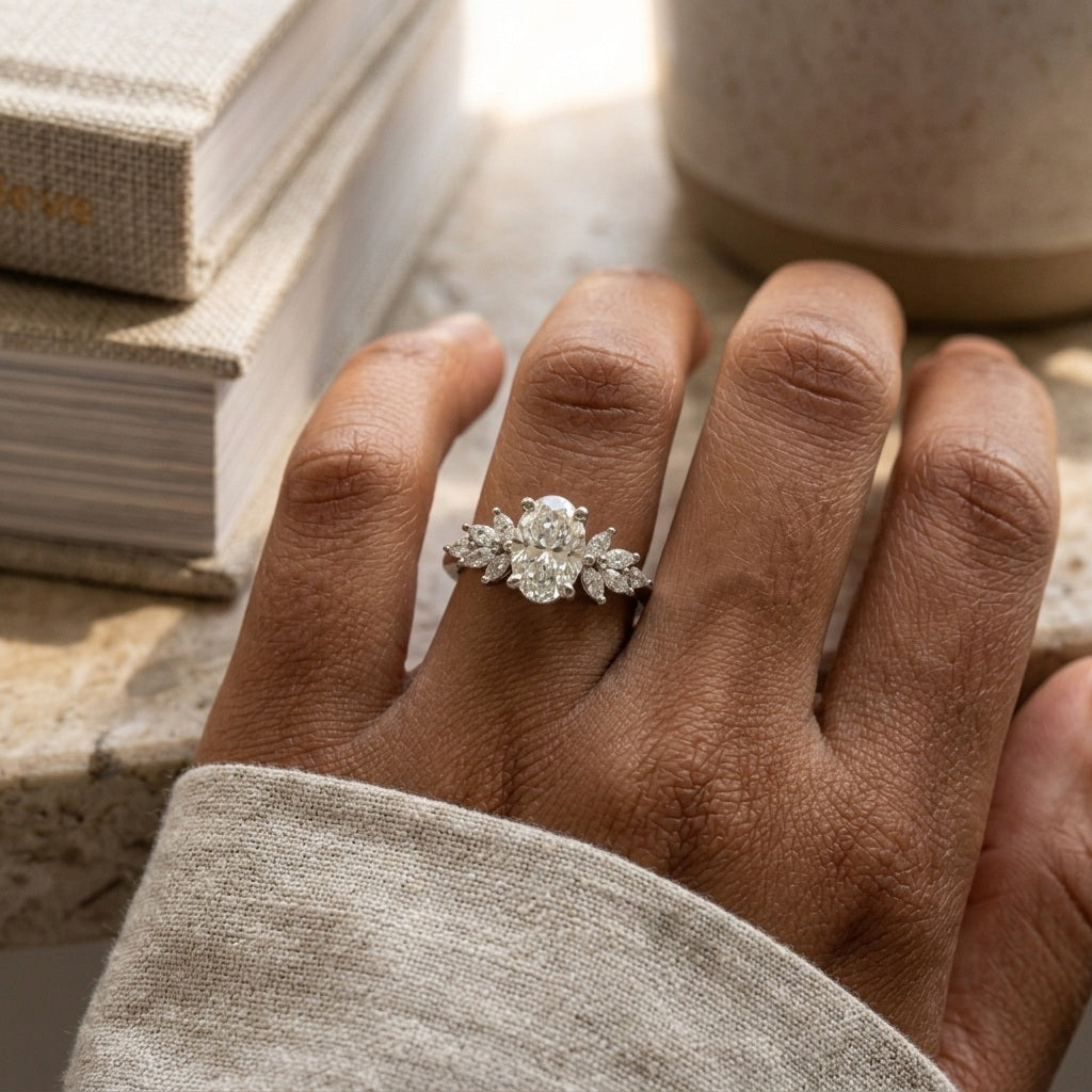 IGI 3.00ct Oval With Side Marquise Diamond Designer Lab Diamond Engagement Ring - E/VS