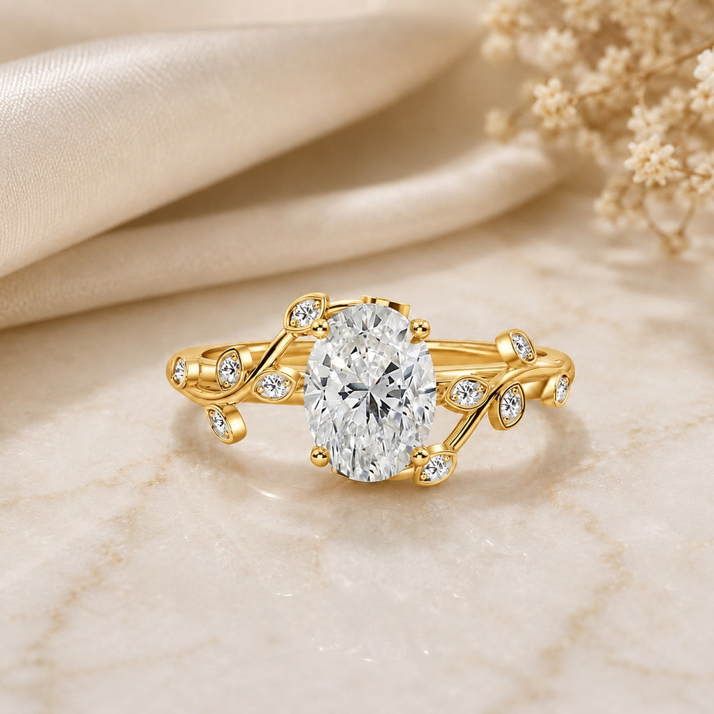 Oval Diamond Leaf Vine Engagement Ring - E/VS