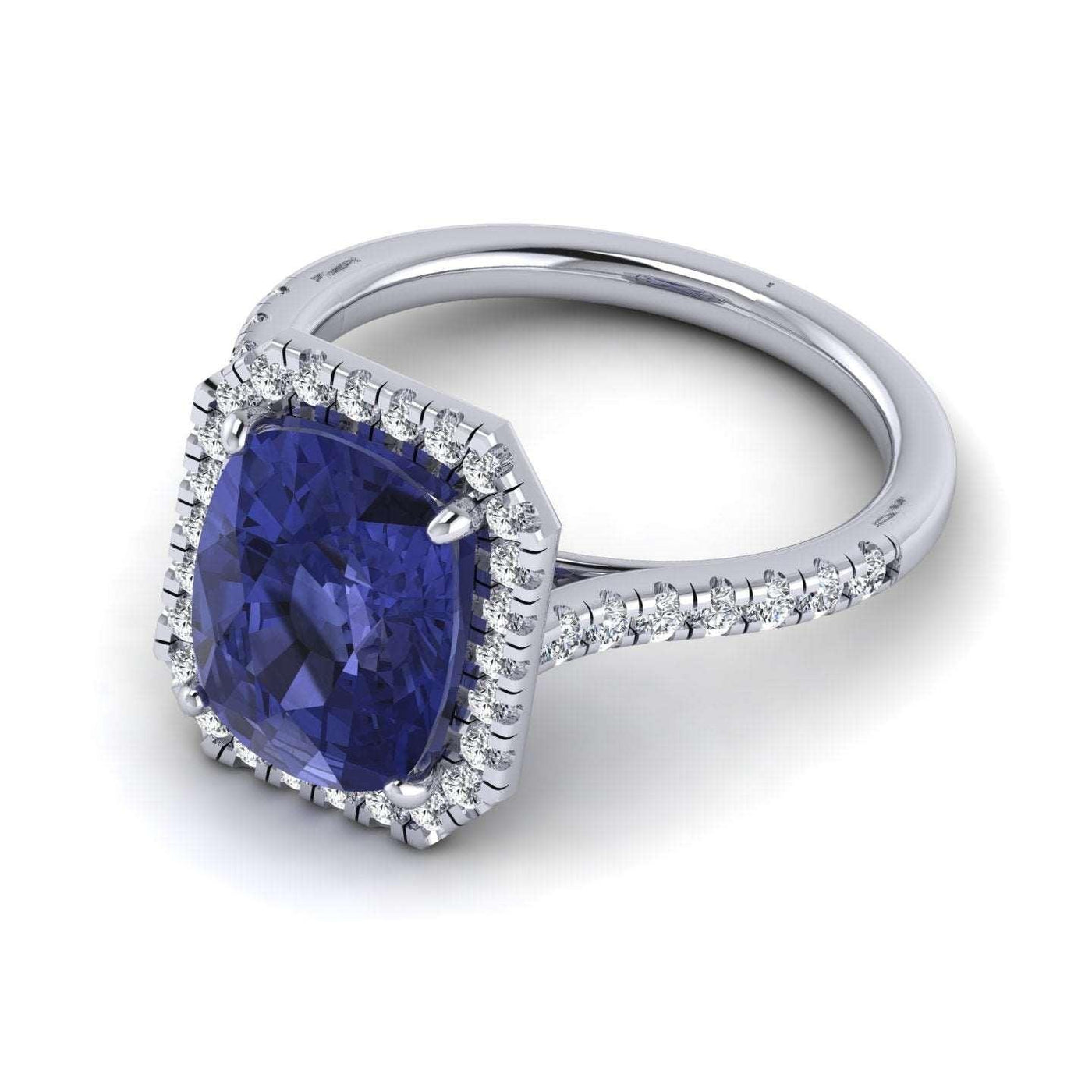 AAA 3.30 Ct Tanzanite Long Cushion & D/VS 0.52 Ct Diamond Halo Ring In Platinum