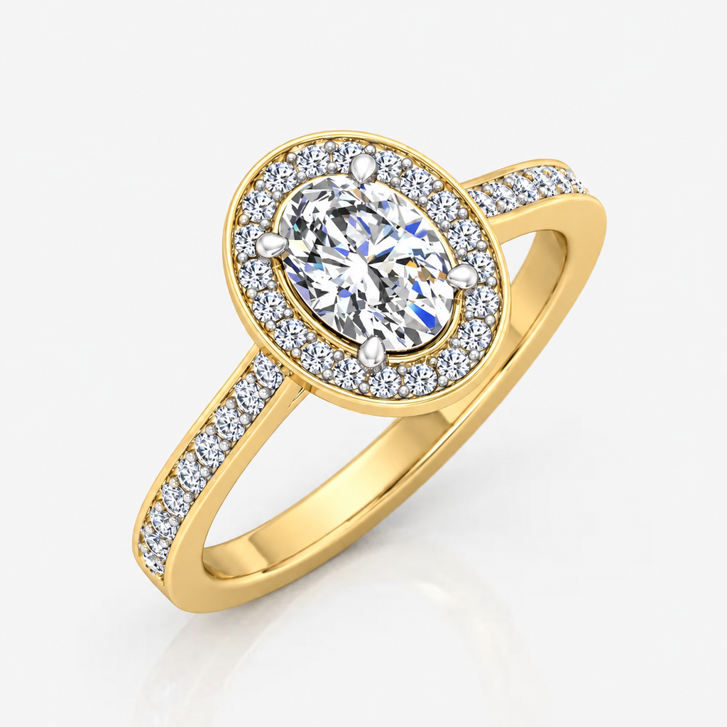 IGI Certified Oval Diamond Halo Engagement Ring with Pavé Shank in Platinum & Gold