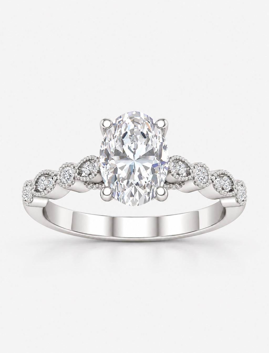 IGI Certified Vintage Oval Diamond Scalloped Milgrain Engagement Ring in Gold & Platinum