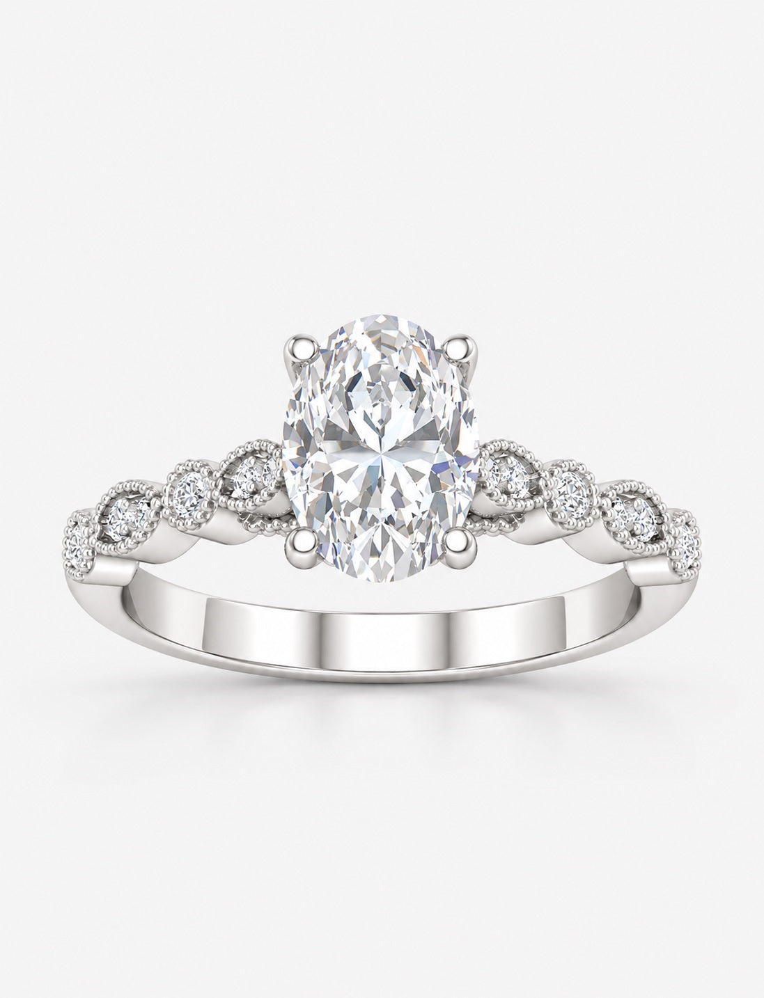 IGI Certified Vintage Oval Diamond Scalloped Milgrain Engagement Ring in Gold & Platinum