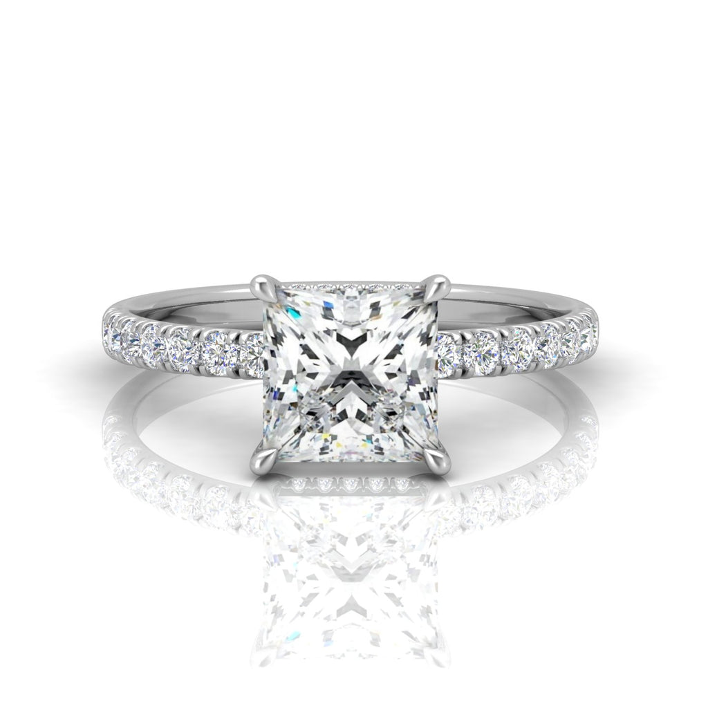 Classic Hidden Halo Pave Set Engagement Ring - Princess