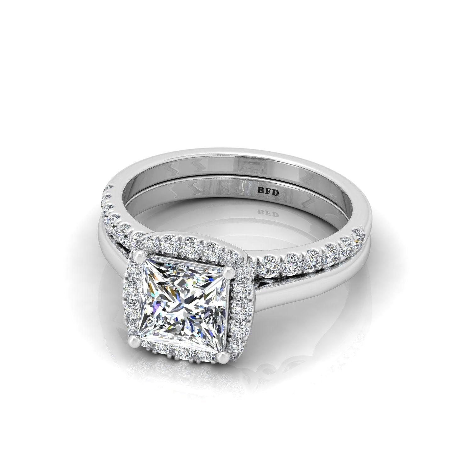 Certified Princess Diamond Halo Engagement Ring With Diamond Matching Band 1.50Carat