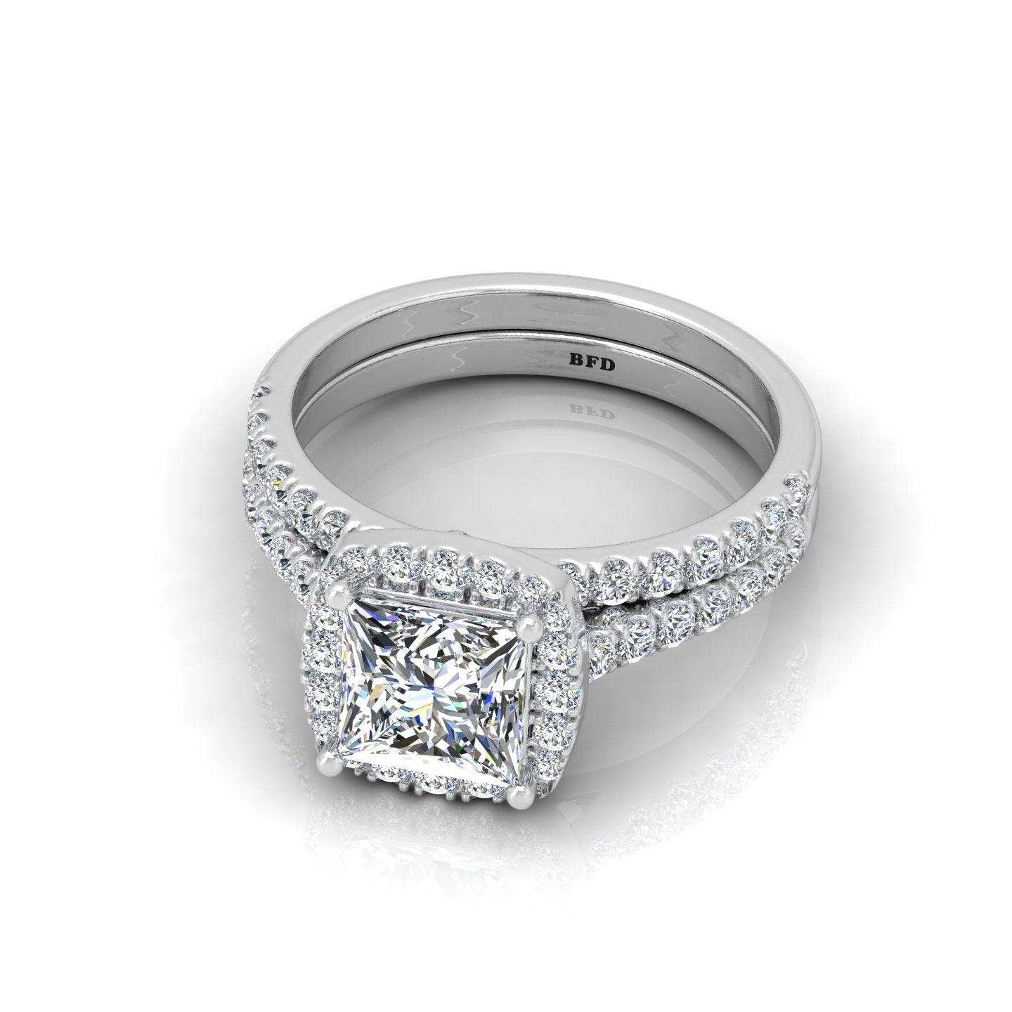 Certified Princess Diamond Halo Engagement Ring With Matching Band 2.00Carat