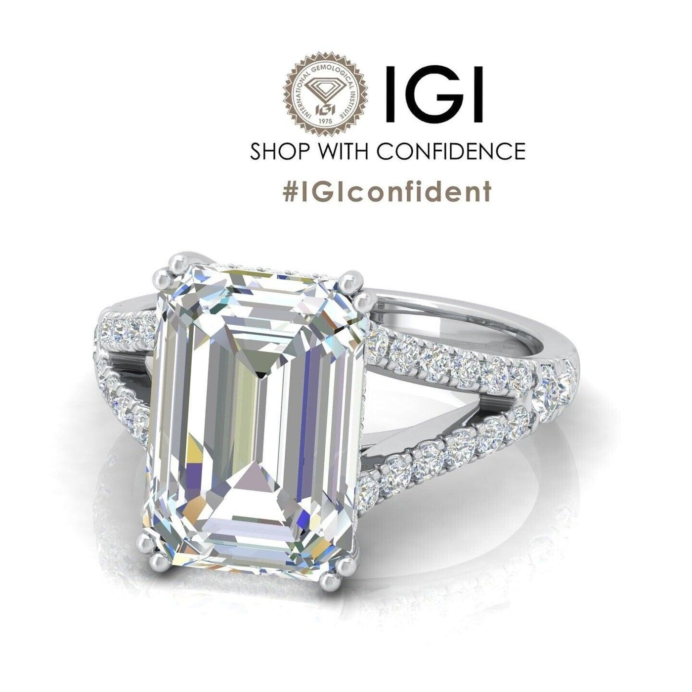 IGI Certified E/VS Emerald Diamond Split Shank Hidden Halo Engagement Ring - amadadiamonds