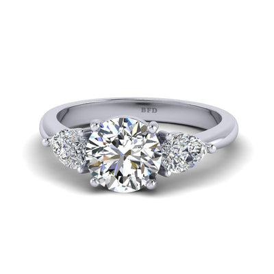 IGI Certified F/VS 3.00 Ct Round With Side Pear Diamond Trilogy Engagement Ring - Platinum