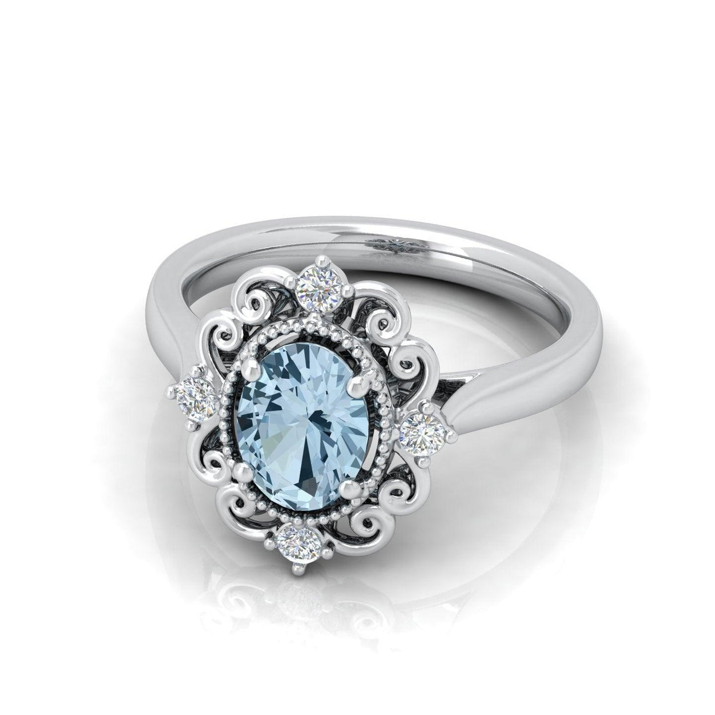 Natural 1.00Ct Oval Blue aquamarine and White Diamond Designer Ring - March Birthstone