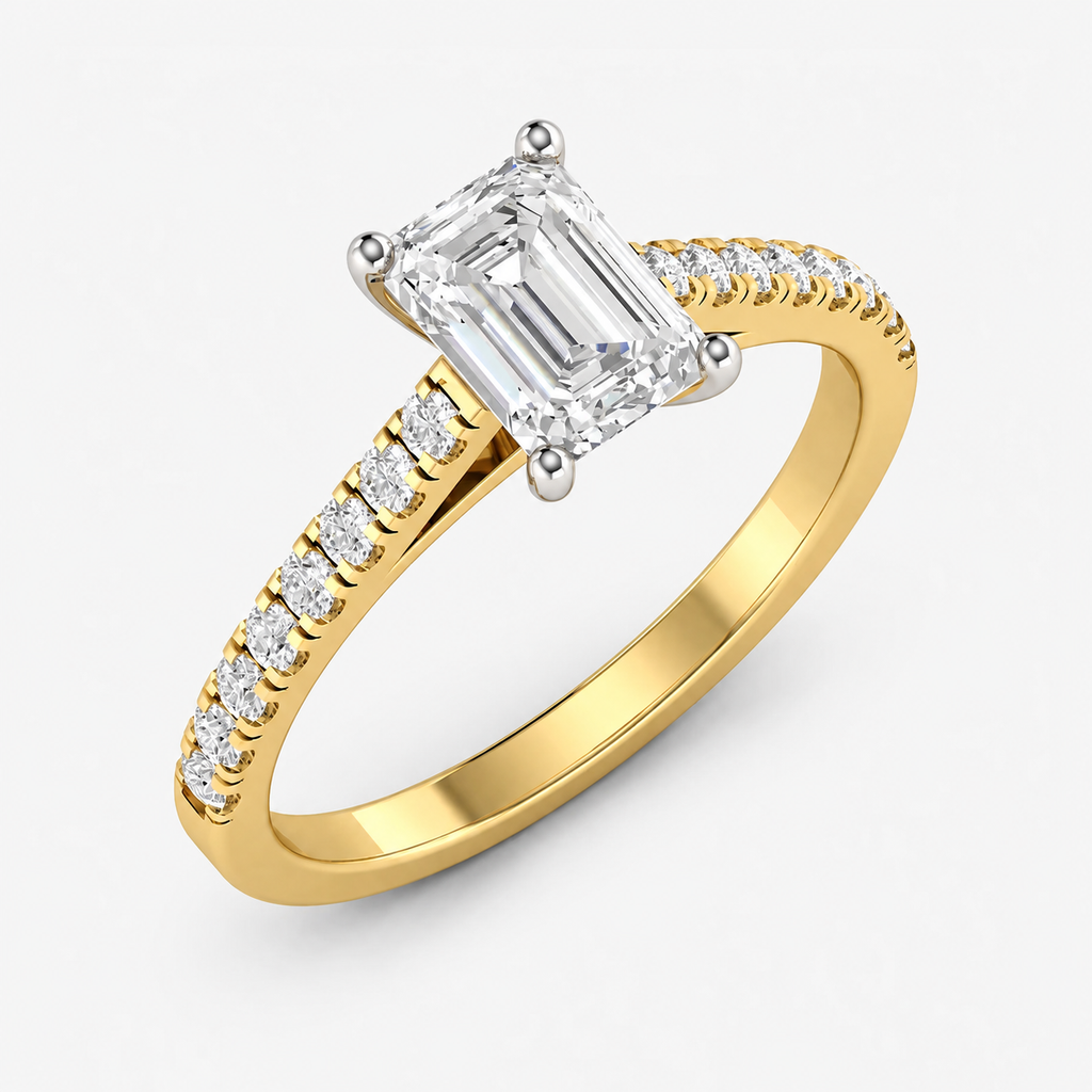 IGI Certified Lab Grown Fine Emerald Cut & Round Diamond Claw & Pavé Set Engagement Ring in Gold & Platinum – 1–4Ct