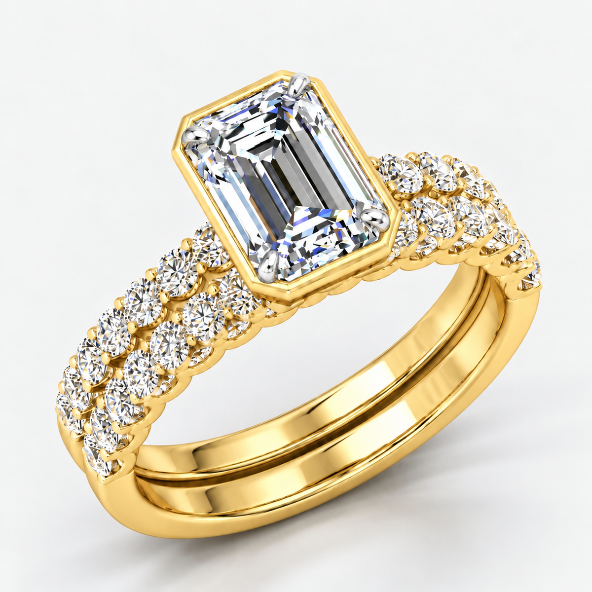 The Imperial IGI Certified Lab Grown Emerald-Cut Bezel-Set Solitaire Bridal Suite with Pavé Bands in Gold & Platinum – 1–4Ct
