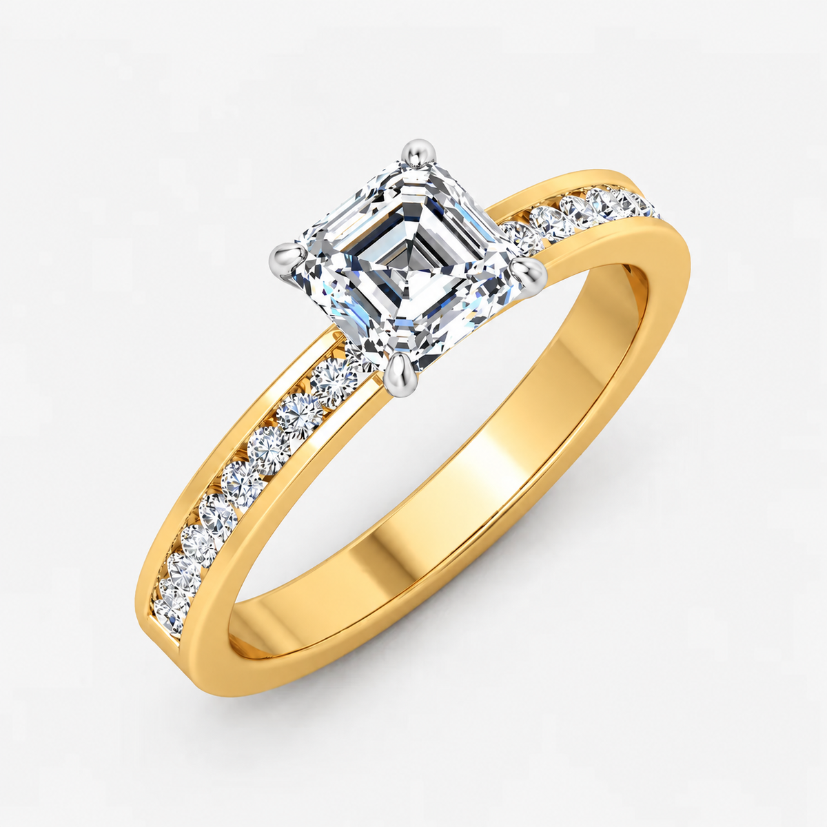 IGI Certified Lab Grown Four-Prong Asscher Cut Diamond Engagement Ring with Channel-Set Band in Gold & Platinum – 1–4Ct