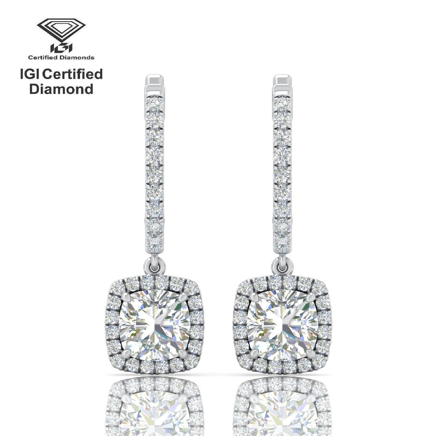 IGI Certified D/VS 2.70 Ct LAB GROWN CUSHION DIAMOND HOOP WITH HANGING HALO EARRING IN 18K WHITE GOLD