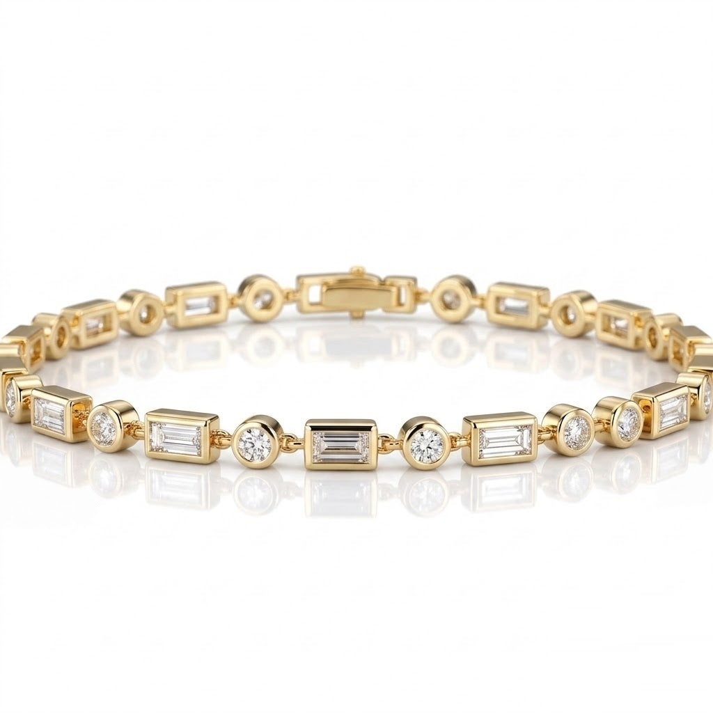 Round Diamond Tennis Bracelet - Gold (Angle View 4)