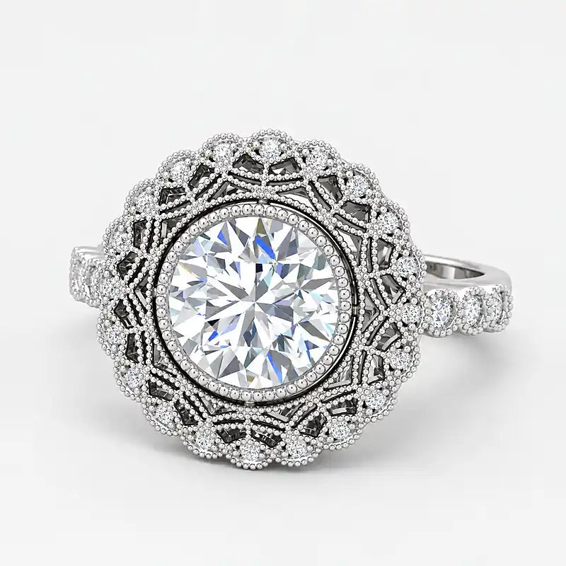IGI Certified Lab Grown Miligrain Vintage Inspired Round Cut Filigree Halo Diamond Engagement Ring in Gold & Platinum - 1-5ct