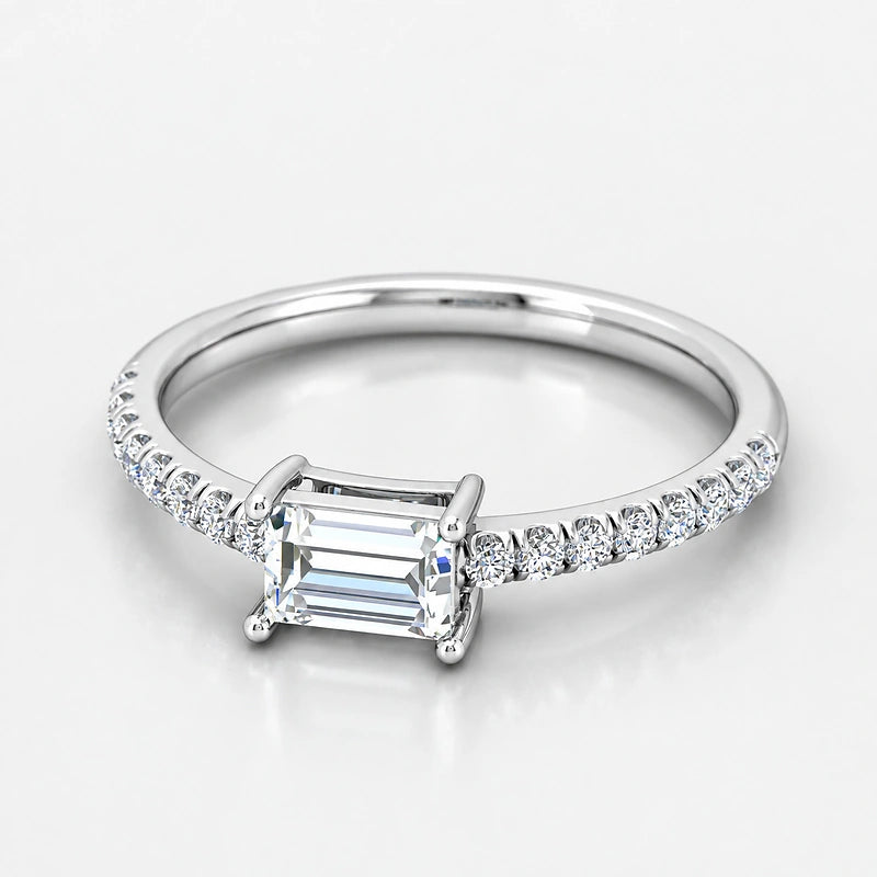 IGI Certified Lab Grown East-West Emerald Cut Diamond with Round Side Stones Claw & Pavé Engagement Ring in Gold & Platinum – 1–4Ct