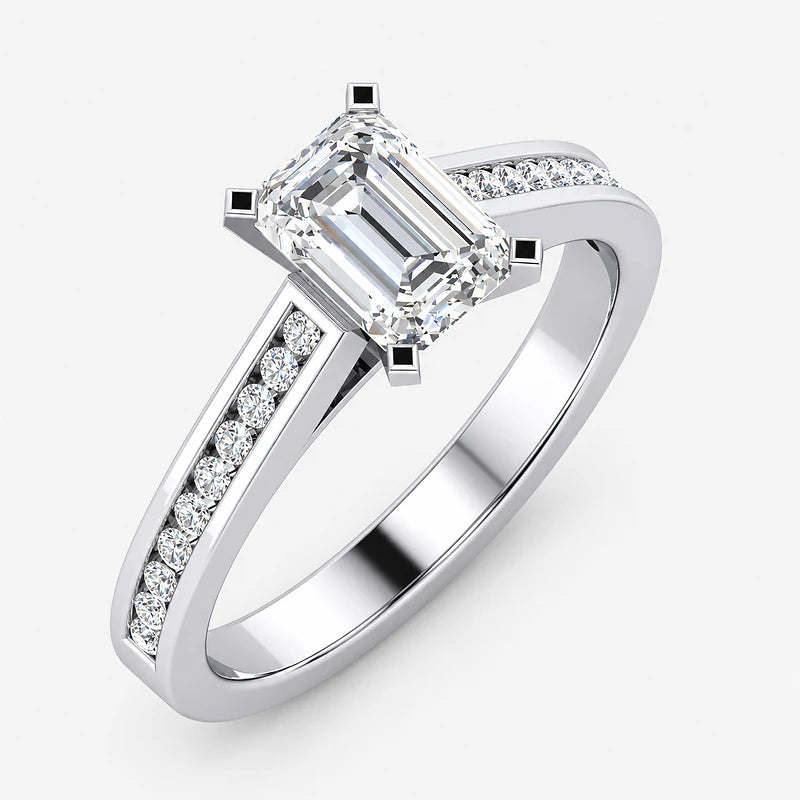 IGI Certified Lab Grown Emerald Cut & Round Diamond Claw & Channel Set Engagement Ring in Gold & Platinum – 1–4Ct