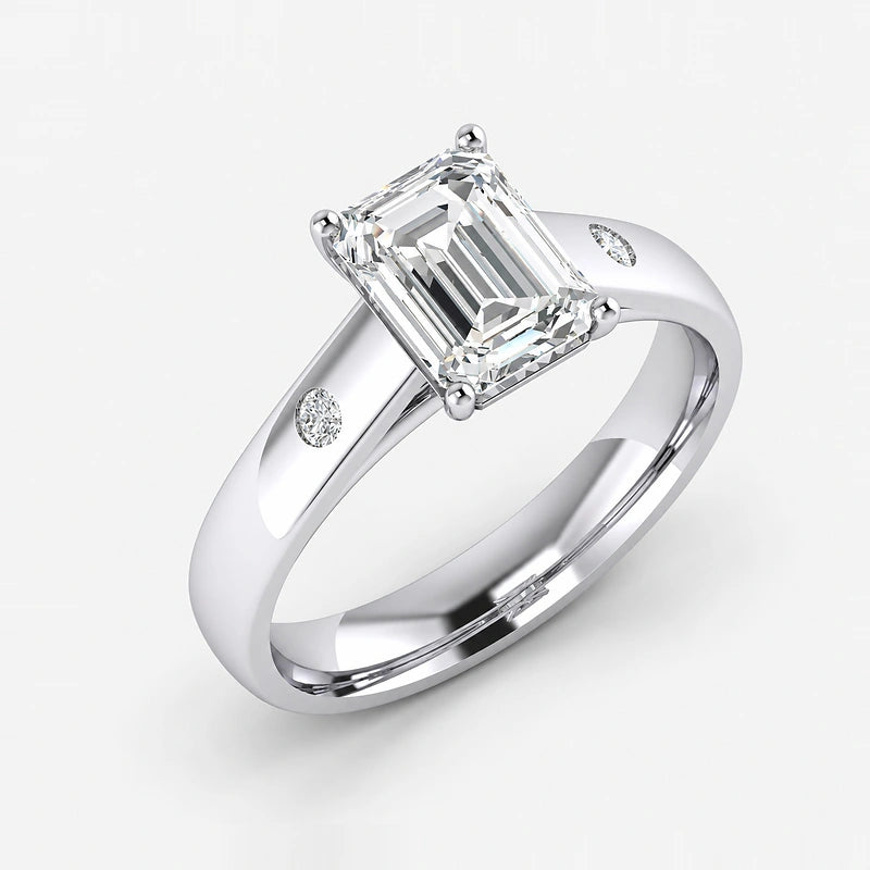 IGI Certified Lab Grown Emerald Cut Diamond with Round Side Stones Claw & Bezel Engagement Ring in Gold & Platinum – 1–4Ct