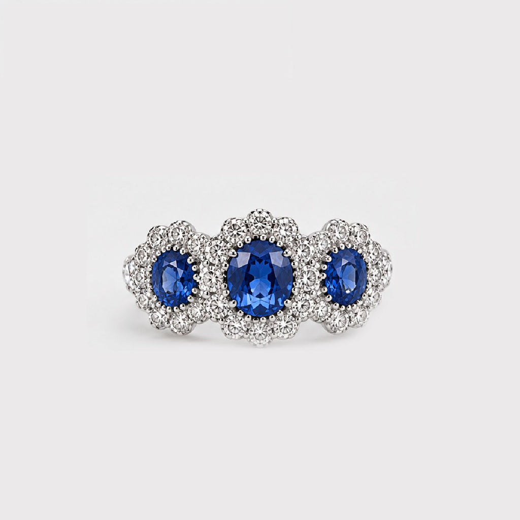 Natural Oval Sapphire Halo Set Trilogy Vintage Engagement Ring In Gold & Platinum