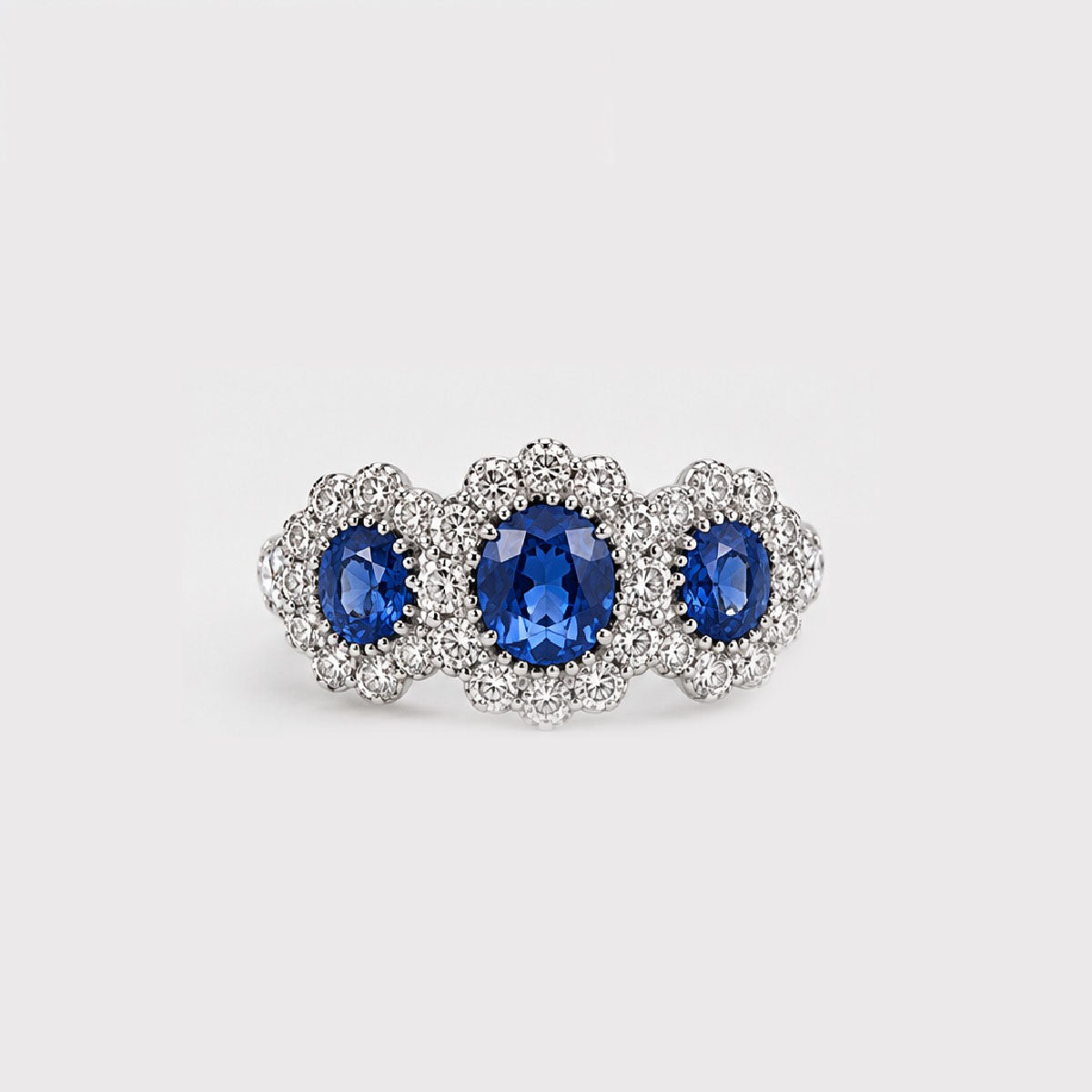 Natural Oval Sapphire Halo Set Trilogy Vintage Engagement Ring In Gold & Platinum
