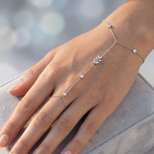 1.00ct Round & Marquise Diamond Leaf Hand Chain Bracelet In White Gold