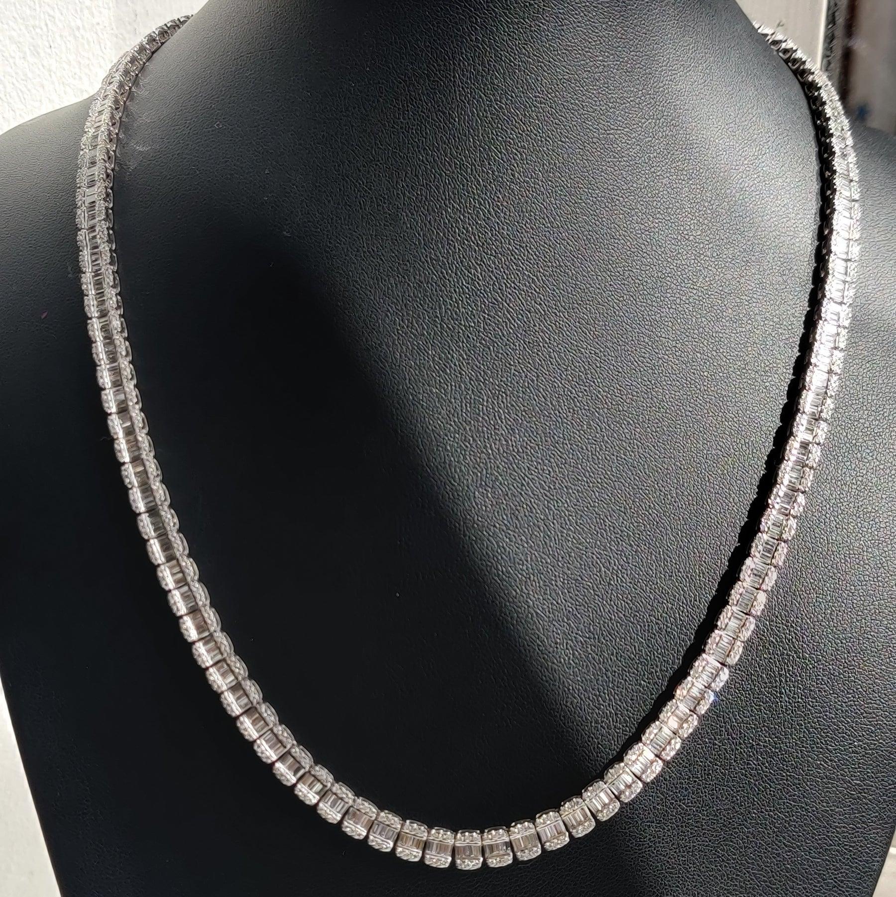D/VVS 28.00Ct Lab Grown Baguette & Round Diamond Designer Necklace in Hallmarked White Gold 50 grams