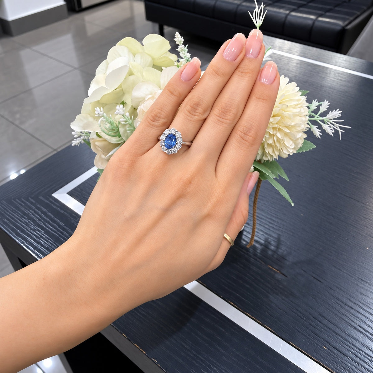 4.00 Carat Light Blue Sapphire & Round Diamond Halo Cluster Ring In Platinum