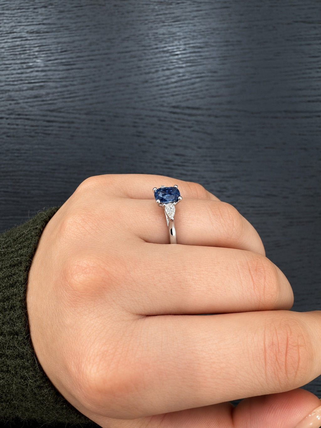1.00Ct Blue Cushion Sapphire & Side Pear Diamond Three Stone Ring in 950 Platinum