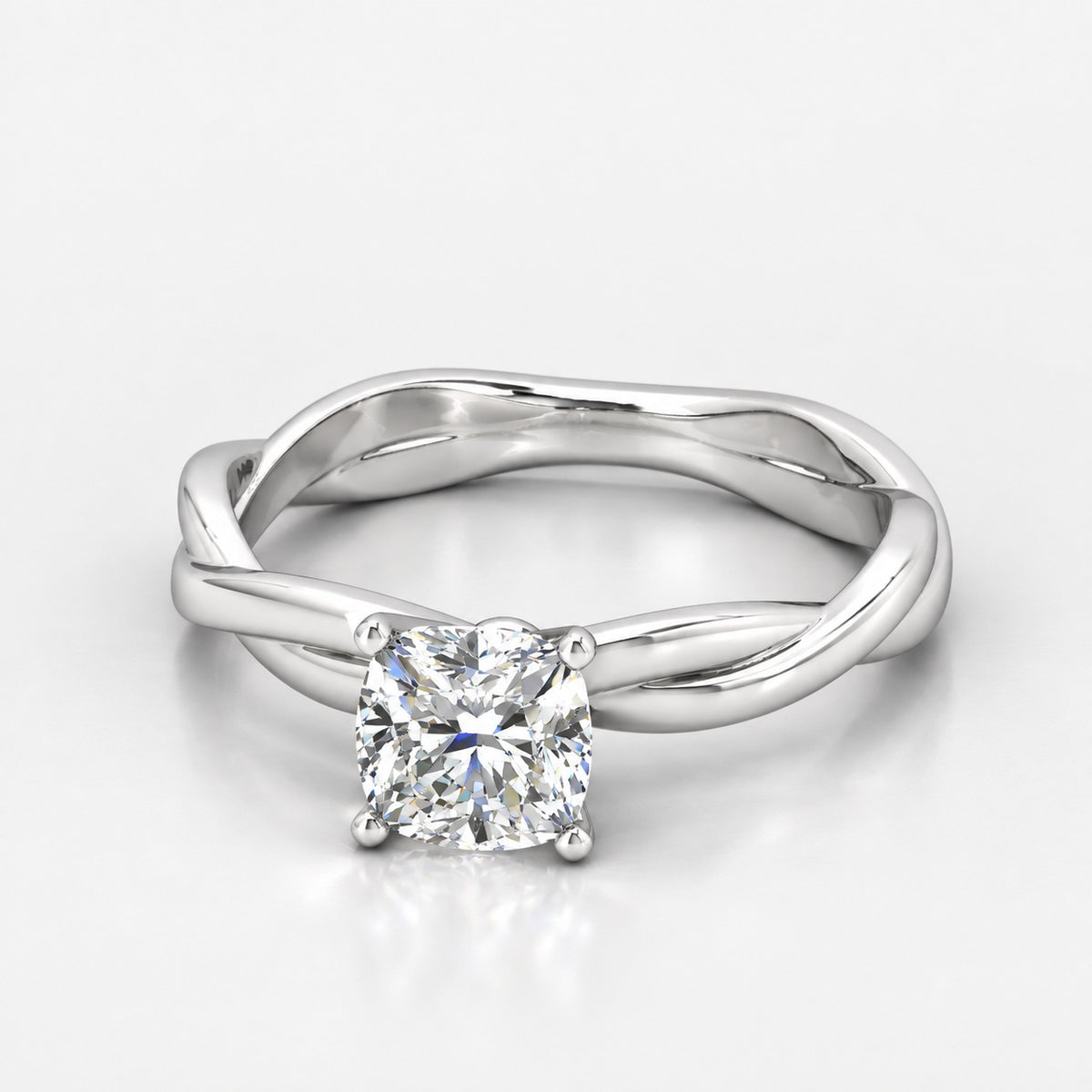 Twisted IGI Certified Classic Cushion Diamond Solitaire Engagement Ring in Gold & Platinum
