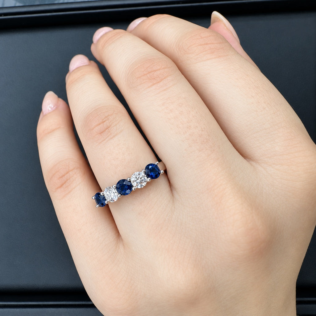 2.00 Carat Blue Sapphire & Round Diamond Five Stone Ring In Platinum
