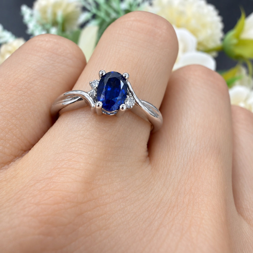 1.00Ct Twisted Blue Sapphire Oval With Side Diamond Engagement Ring 950 Platinum