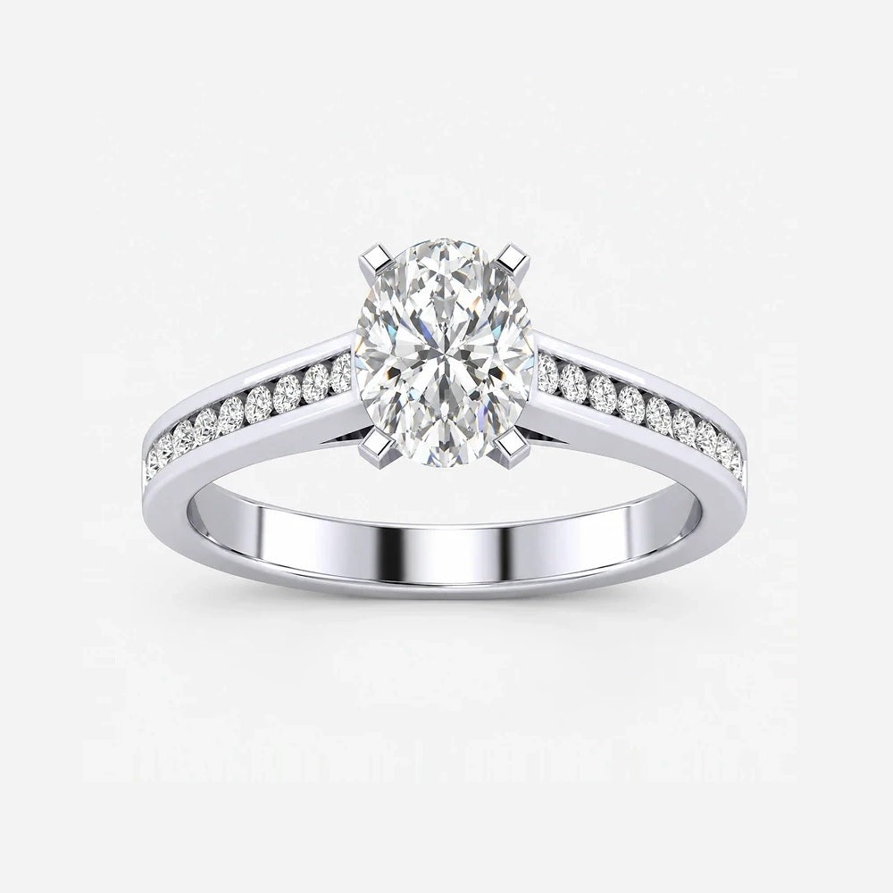 IGI certified oval lab-grown diamond channel set engagement ring in gold and platinum