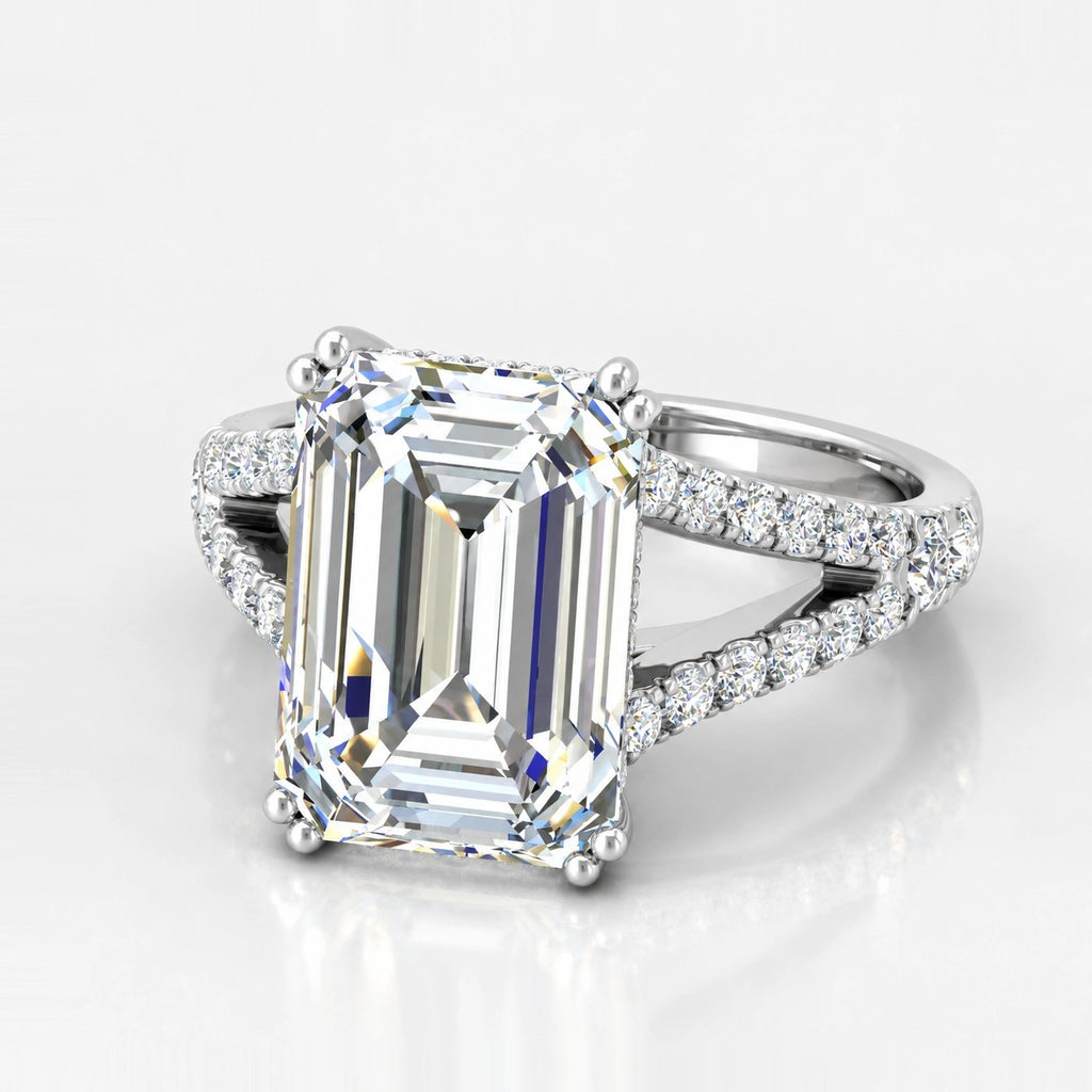 IGI Certified Lab Grown Emerald Cut Diamond with Round Side Stones Engagement Ring in Gold & Platinum – 1–4Ct