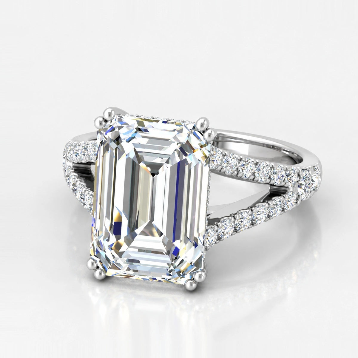 IGI Certified Lab Grown Emerald Cut Diamond with Round Side Stones Engagement Ring in Gold & Platinum – 1–4Ct