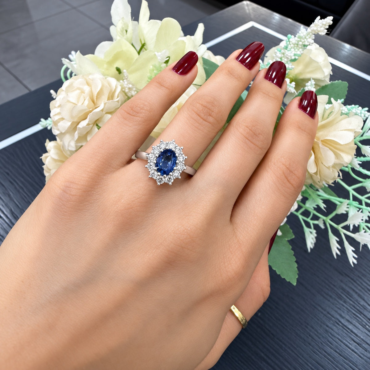 950 Platinum Halo Cluster Ring 3.00 Carat Light Blue Sapphire & Round Diamond