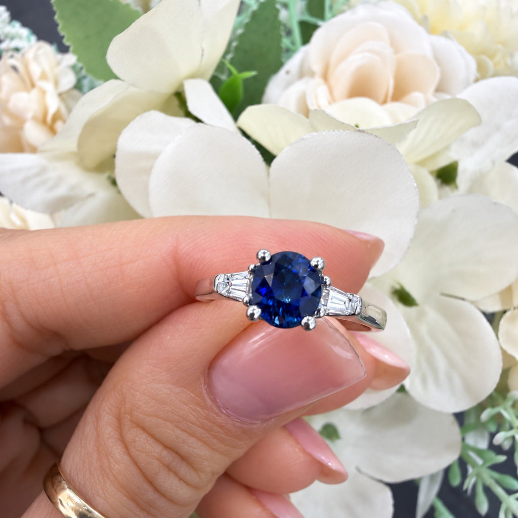 1.50Ct Oval Sapphire & Side Tapper Diamond Trilogy Engagement Ring 950 Platinum
