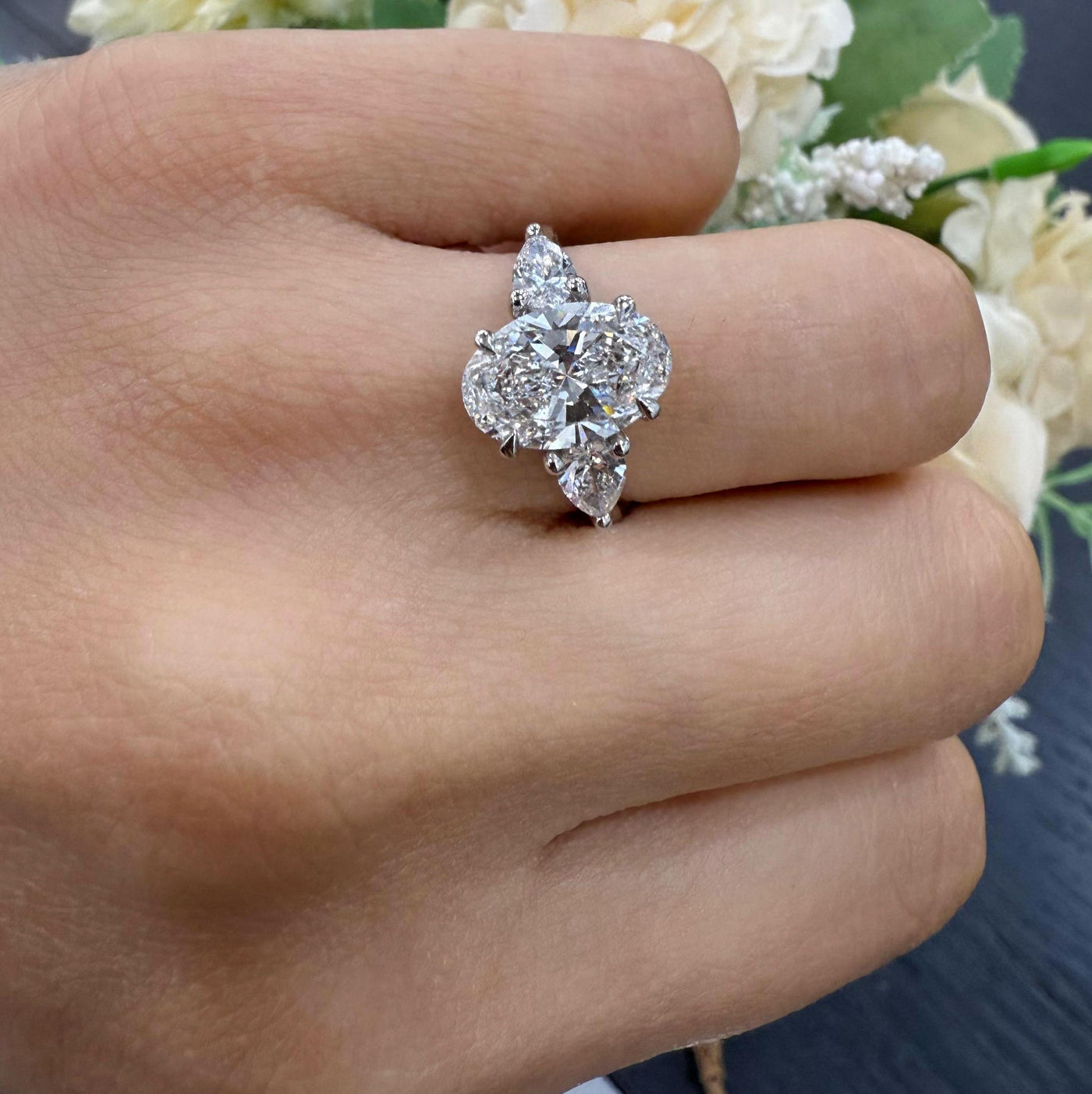 3.00Carat D/VS Lab Grown Oval & Pear Shape Diamond Trilogy Ring In Platinum