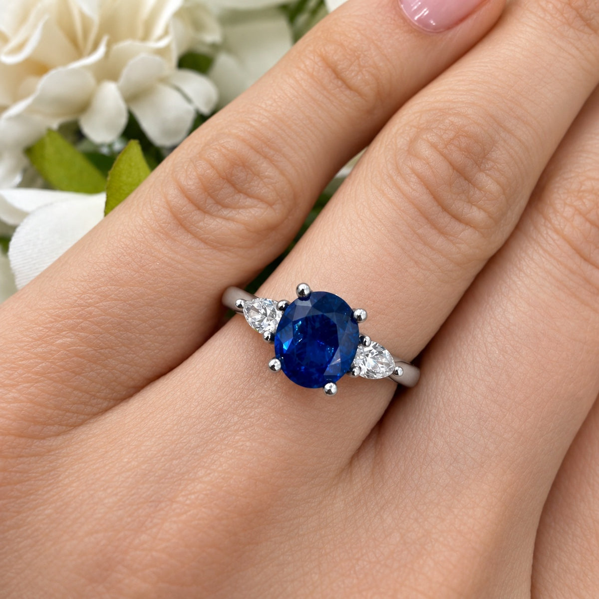 2.00Ct Blue Oval Sapphire & Pear Diamond Trilogy Engagement Ring Platinum