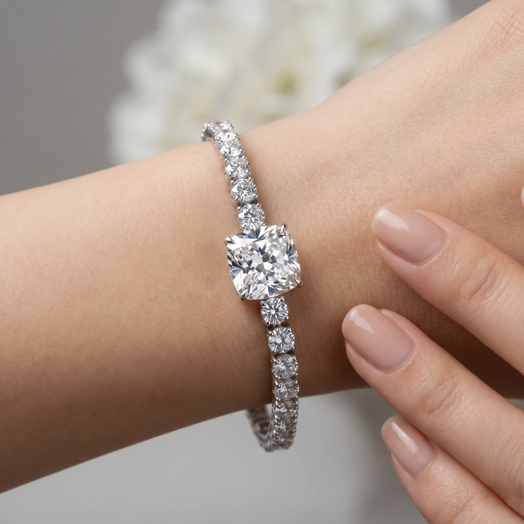8.00Ct Cushion and Round Lab Diamond Tennis Bracelet In 9k White Gold 7inch