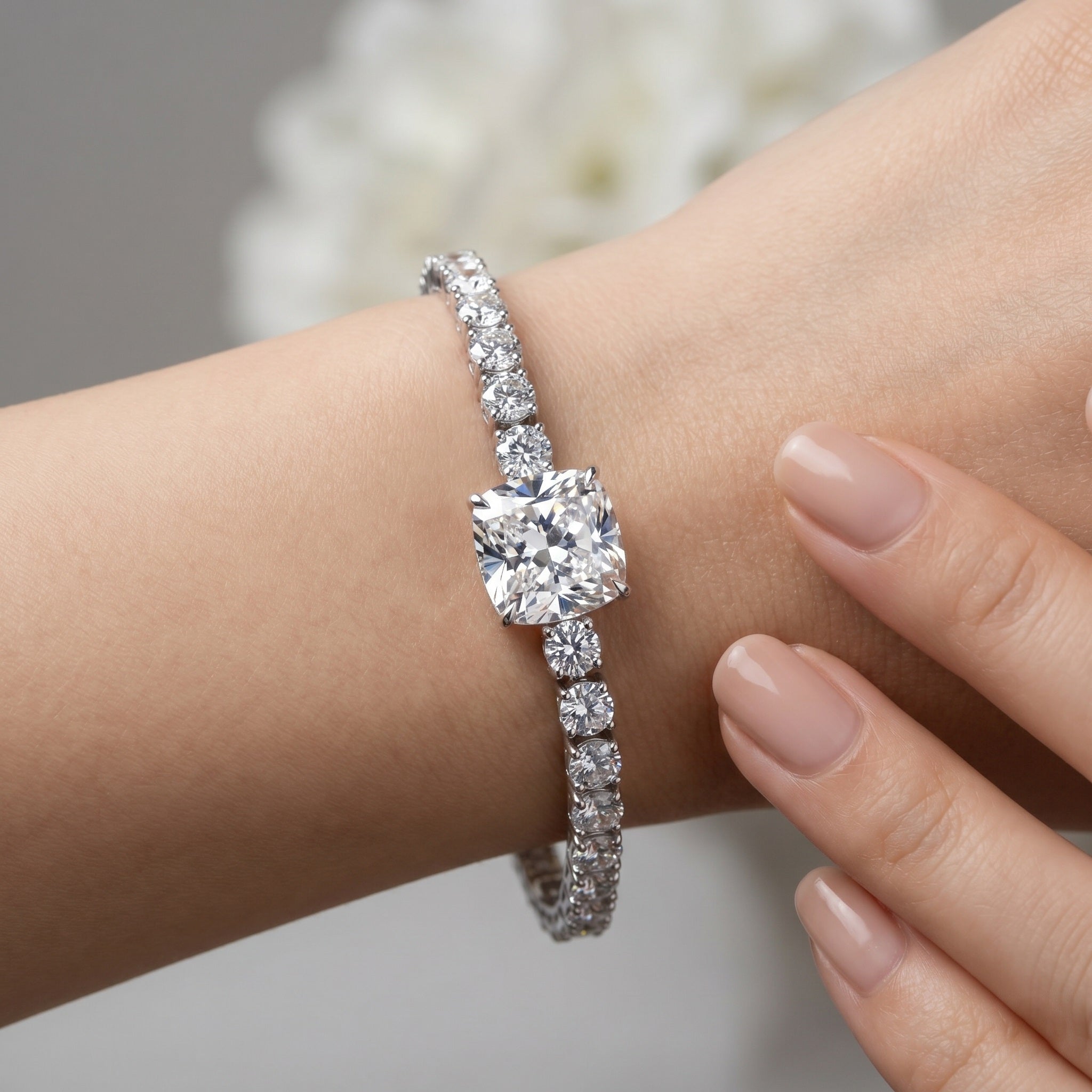 8.00Ct Cushion and Round Lab Diamond Tennis Bracelet In 9k White Gold 7inch