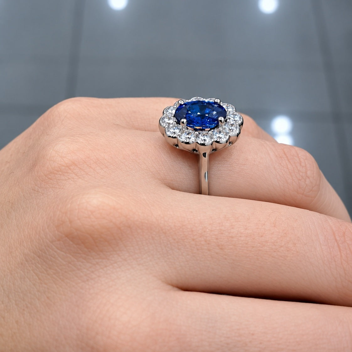 1.50Ct Sapphire Oval & Diamond Cluster Engagement Ring 950 Platinum