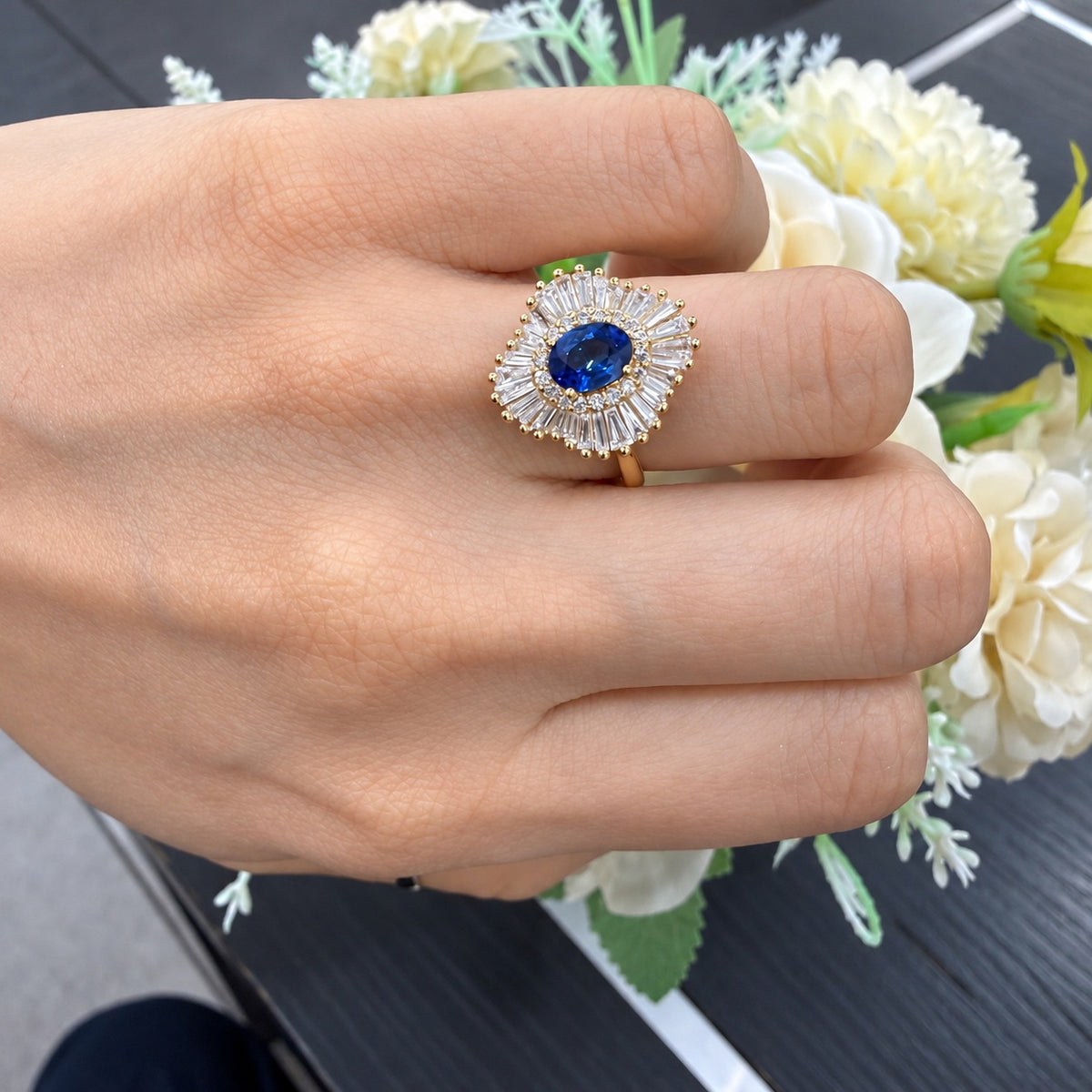 2.00 Carat Natural Oval Sapphire & Side Baguette & Round Diamond Cluster Halo Ring 18k Yellow Gold