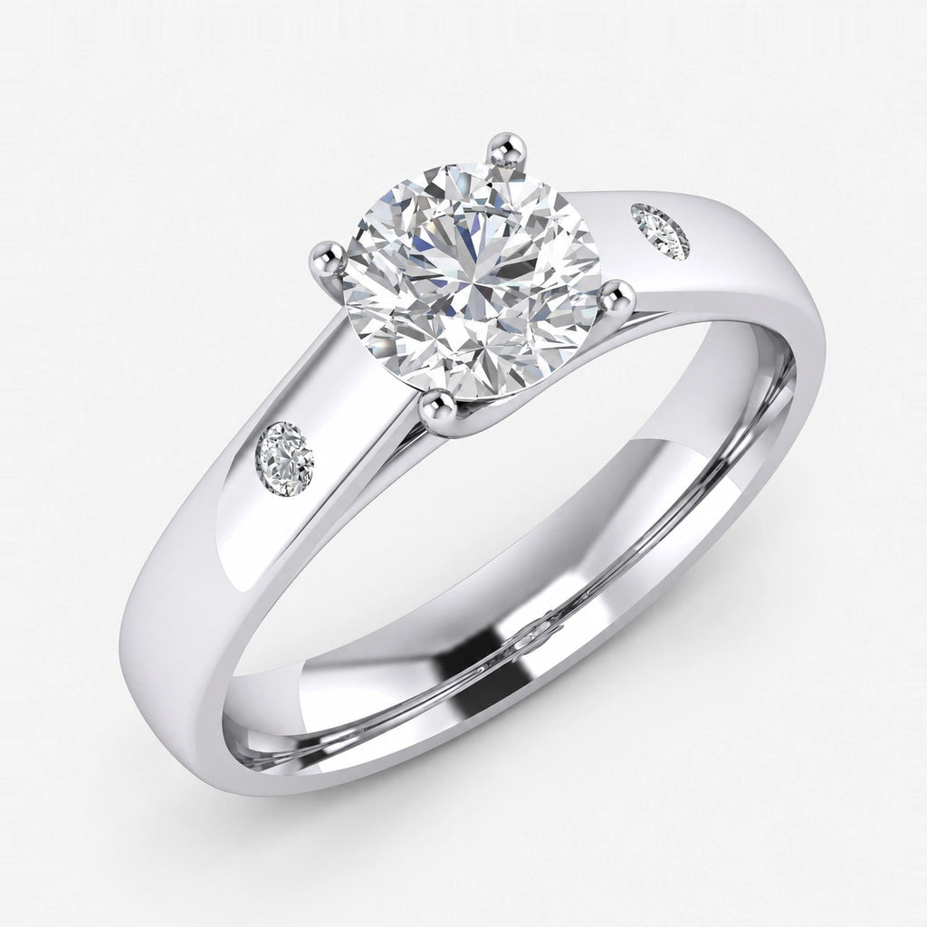 IGI Certified Lab Grown Classic Round Brilliant Cut with side Diamond Bezel Set Engagement Ring in Gold & Platinum – 1–5Ct