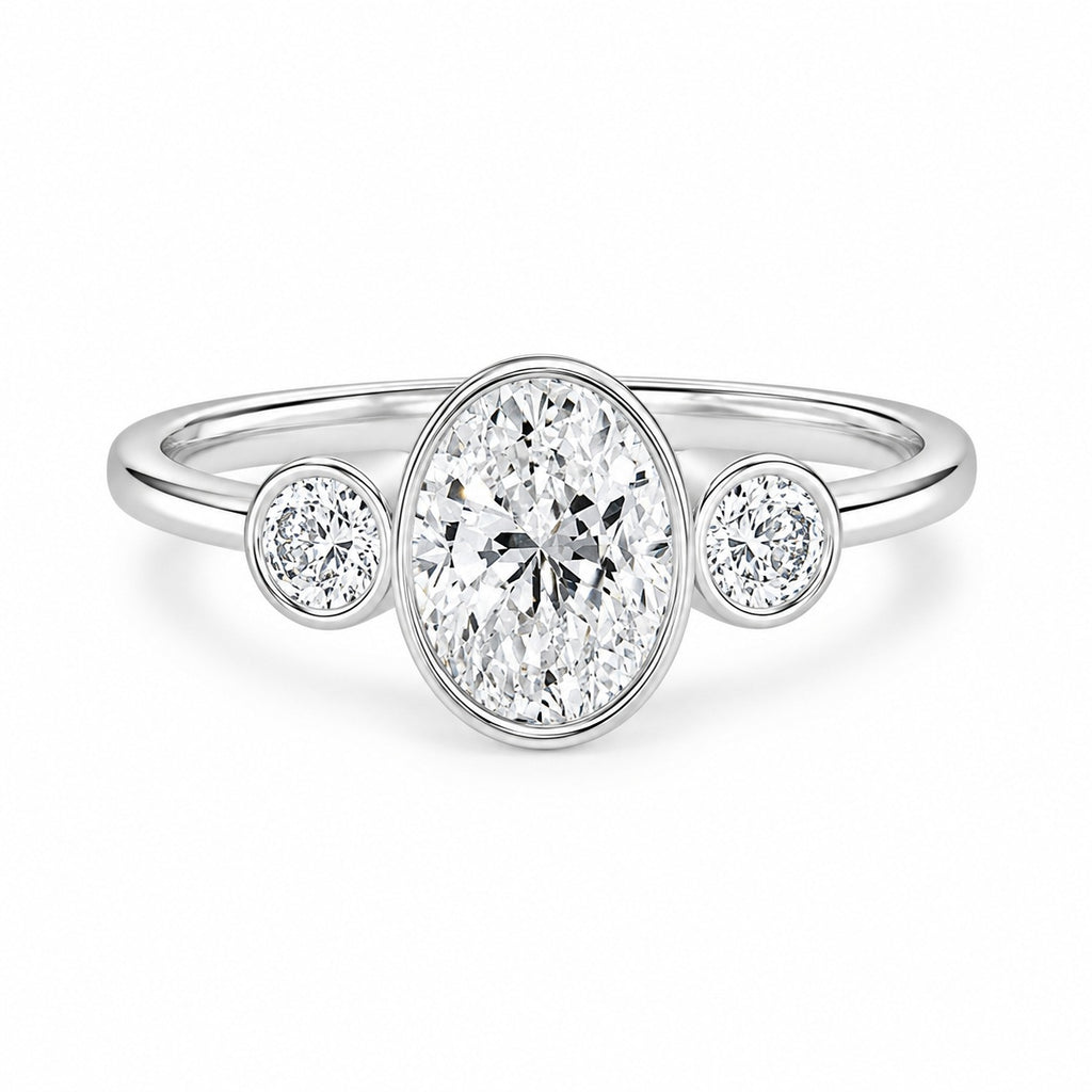 IGI Certified Oval Bezel Lab Grown Diamond Three Stone Engagement Ring