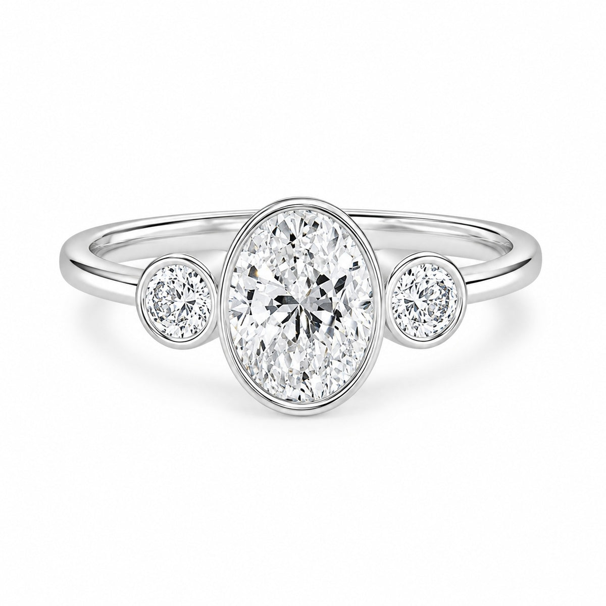 IGI Certified Oval Bezel Lab Grown Diamond Three Stone Engagement Ring