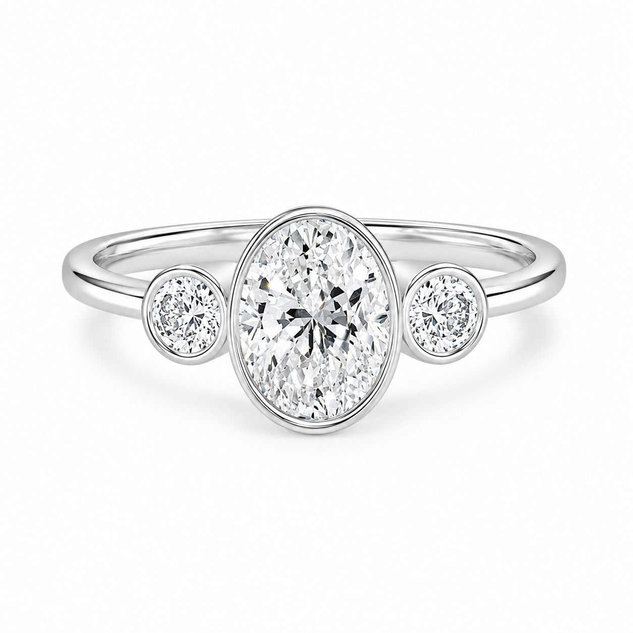 IGI Certified Oval Bezel Lab Grown Diamond Three Stone Engagement Ring