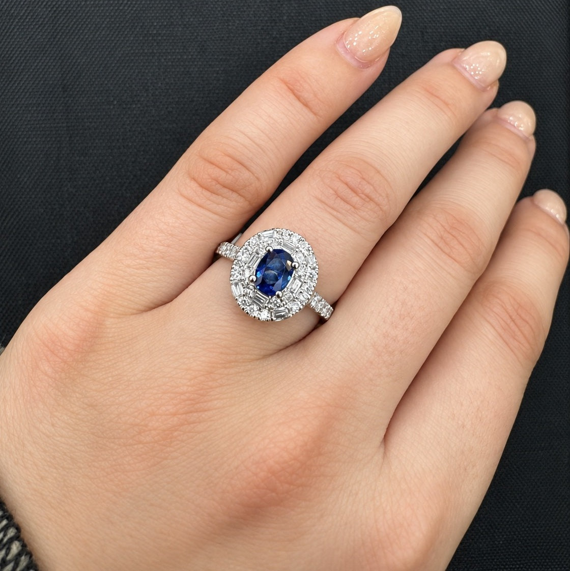 Sapphire Oval & Round & Baguette Diamond Cluster Double Halo Set Engagement Ring 950 Platinum