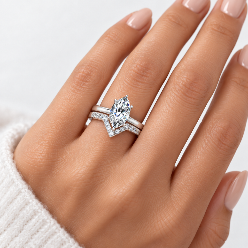 IGI Certified Lab Grown Marquise Side Diamond Engagement Ring with Matching Band in Platinum & Gold - 1-5ct